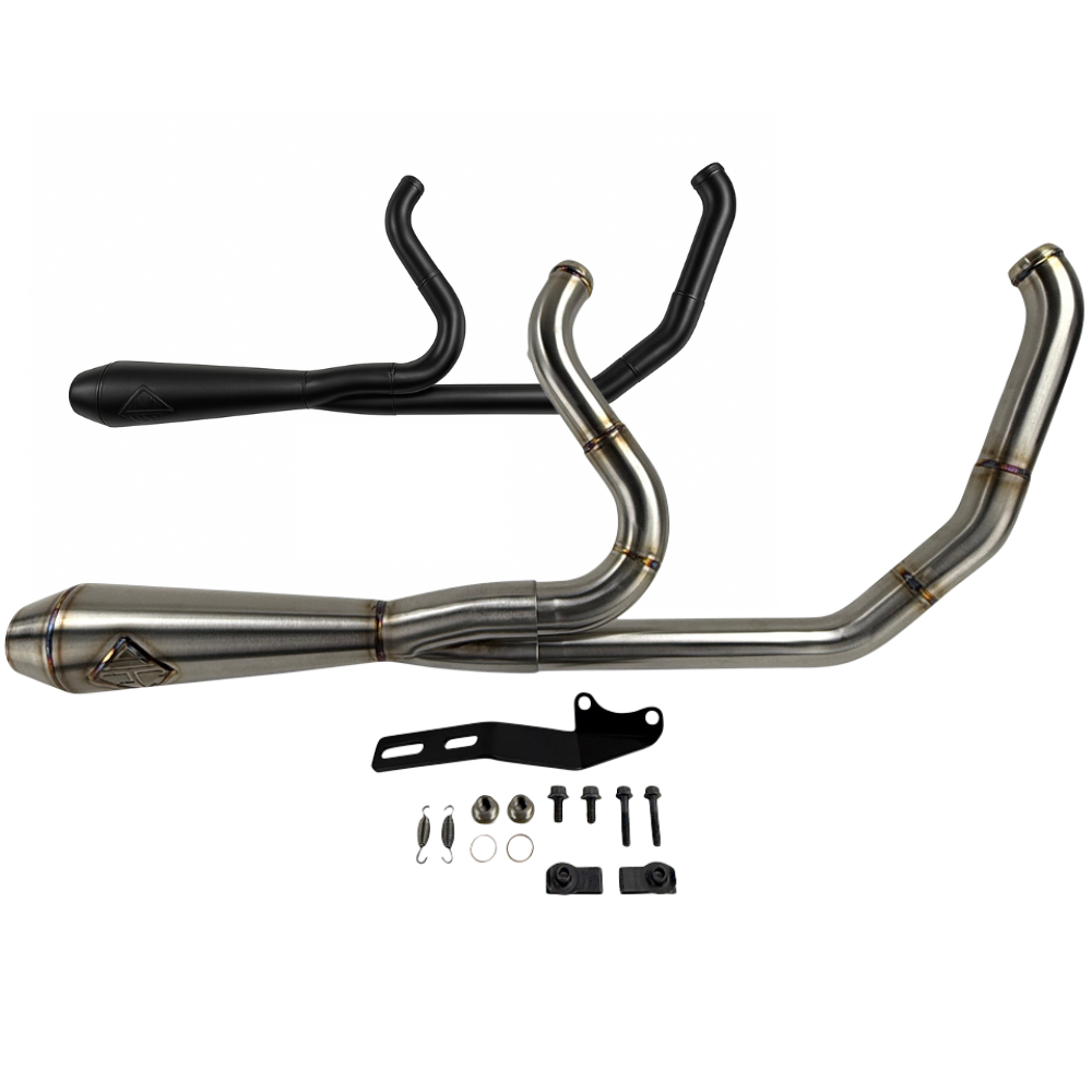 The SP Concepts Exhaust System for 2018-Up Harley-Davidson Softail is shown with mounting hardware and accessories on a white background—ideal for customizing your Harley exhaust setup.