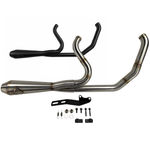 The SP Concepts Exhaust System for 2018-Up Harley-Davidson Softail is shown with mounting hardware and accessories on a white background—ideal for customizing your Harley exhaust setup.