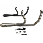 The SP Concepts Exhaust System for 2018-Up Harley-Davidson Softail is shown with mounting hardware and accessories on a white background—ideal for customizing your Harley exhaust setup.