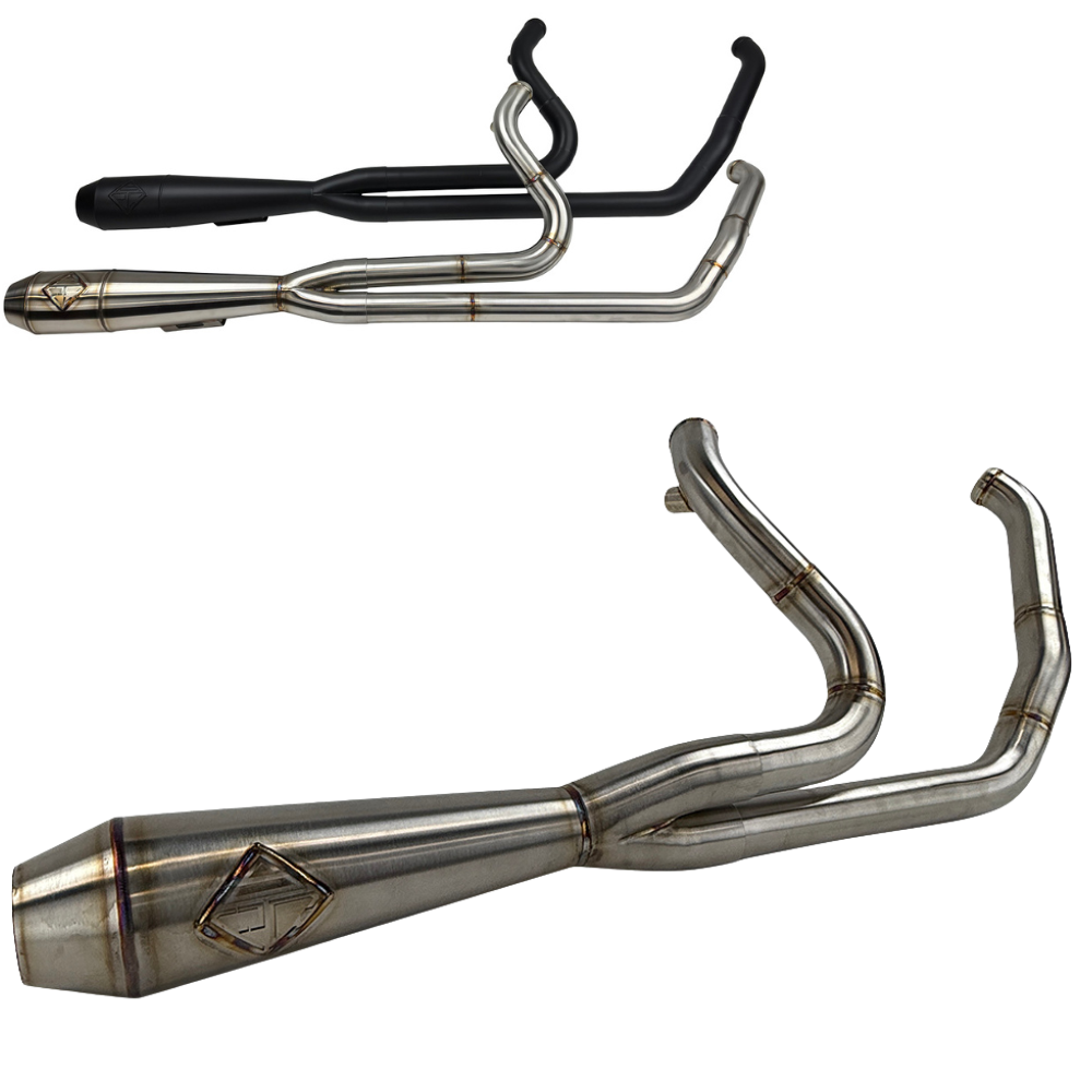 SP Concepts Lane Splitter Exhaust for Harley Touring 2017-2025 is shown in stainless steel, black, and black onyx finishes—labeled side by side—offering stylish customization options for your ride.