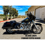 The SP Concepts Exhaust System for 2017-Up Harley-Davidson Touring features two metal pipes, one black and one polished silver, displayed on white. This 2-into-1 system by SP Concepts is perfect for your Harley Touring model.