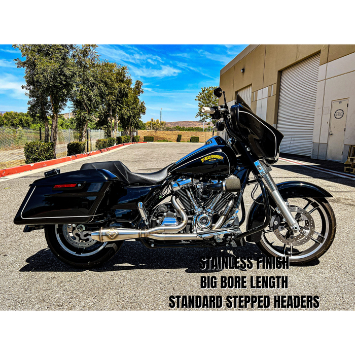 SP Concepts Lane Splitter Exhaust for Harley Touring 2017-2025 is shown in stainless steel, black, and black onyx finishes—labeled side by side—offering stylish customization options for your ride.