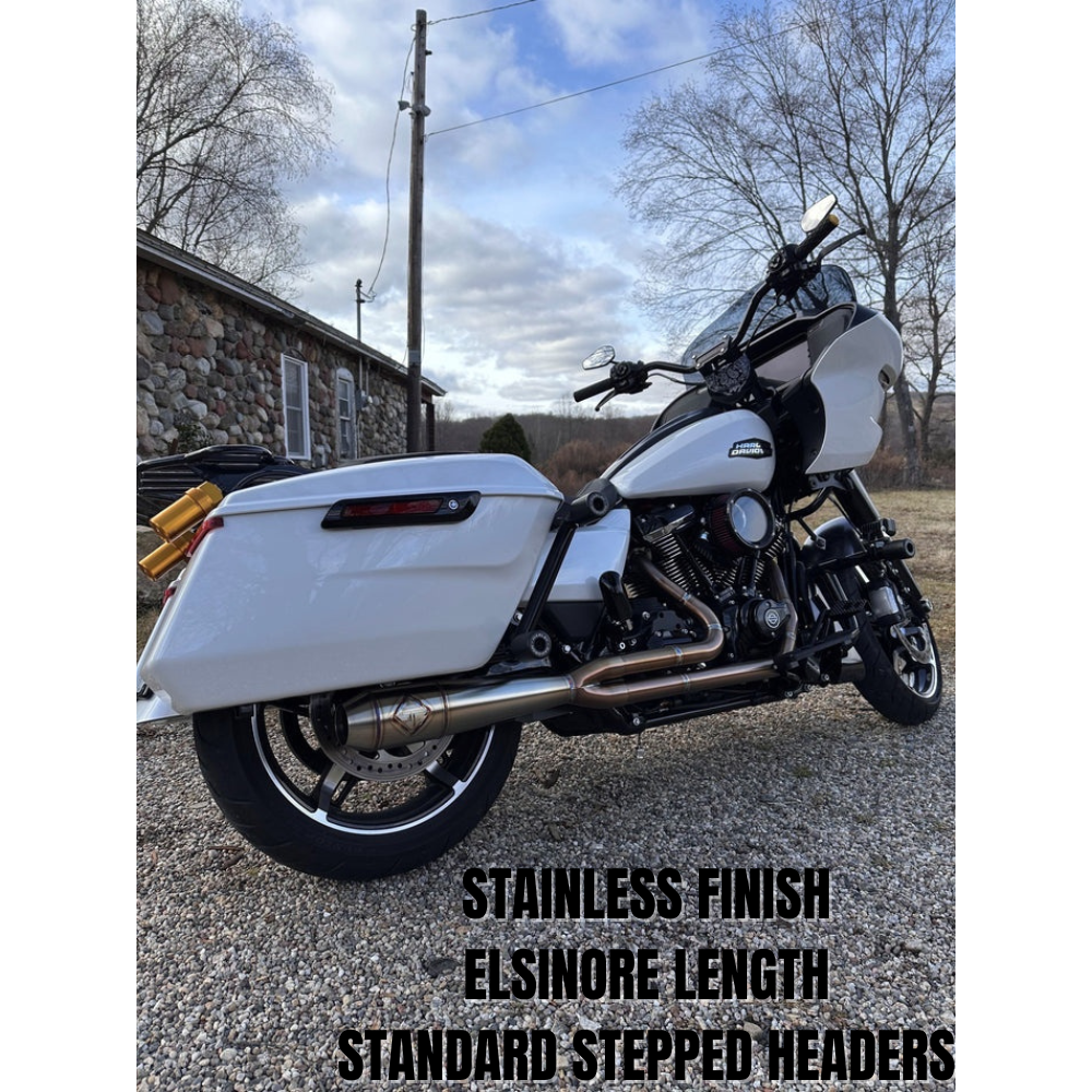 SP Concepts Lane Splitter Exhaust for Harley Touring 2017-2025 is shown in stainless steel, black, and black onyx finishes—labeled side by side—offering stylish customization options for your ride.