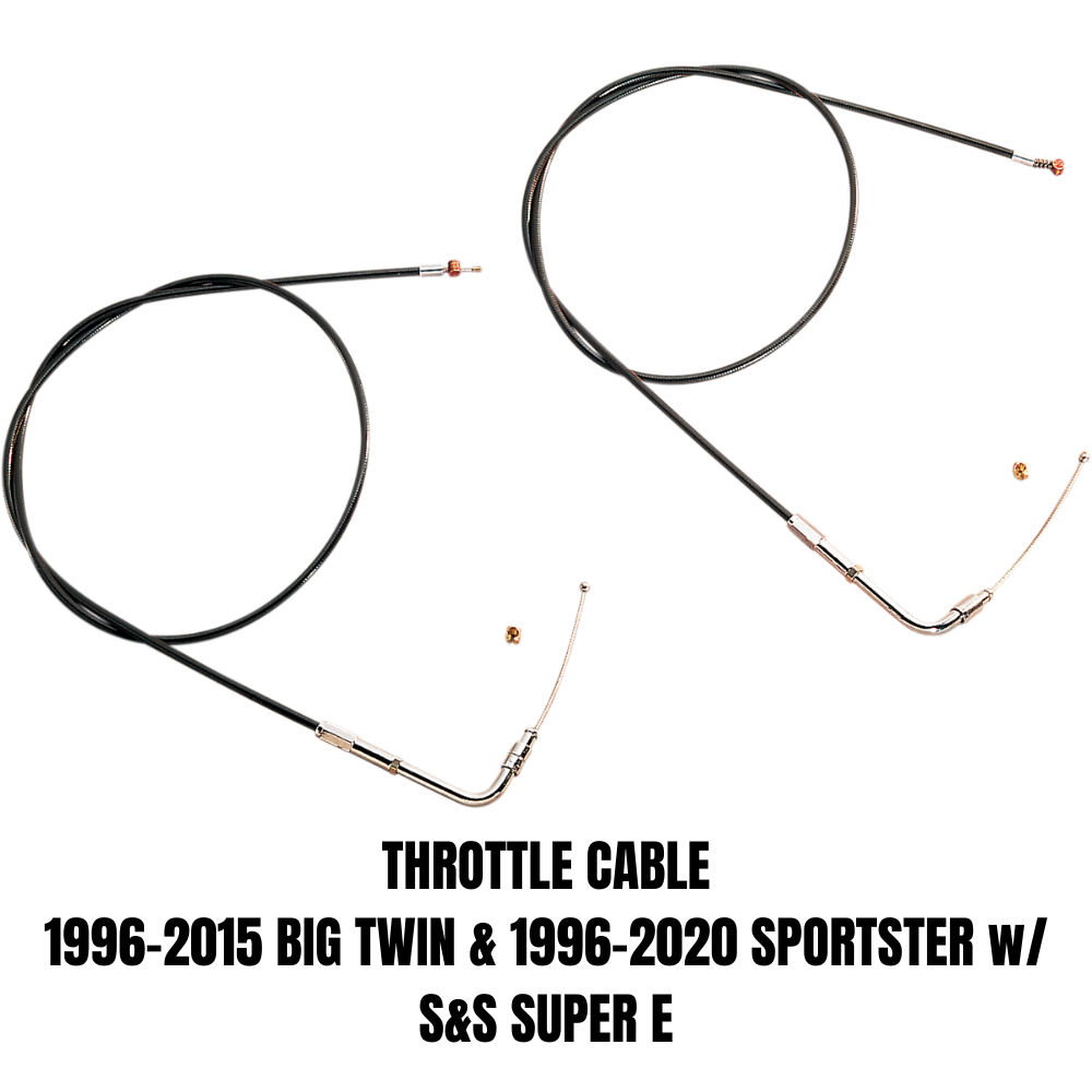 Two black S&S Cycle throttle cables with metal fittings for Harley-Davidson models (Big Twin 1996-2015, Sportster 1996-2020) using S&S Super E carb setups; product: S&S Throttle Cable for Harley-Davidson With S&S Carburetor.