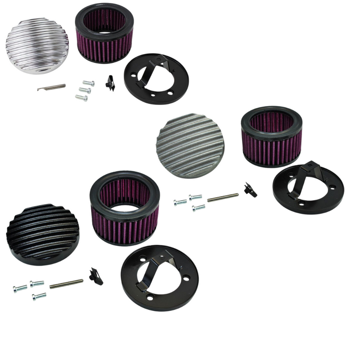 Two TC Bros. Finned Air Cleaner kits for S&S Super E/G carburetors, each with ribbed covers, brackets, gaskets, and screws, are displayed on a white background—perfect for Harley-Davidson Big Twin setups.