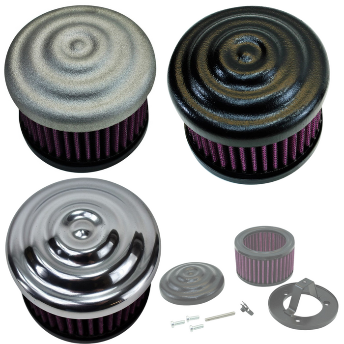 The TC Bros. Ripple Air Cleaner for S&S Super E and Super G Carburetors is shown in silver, black, and chrome with ribbed tops, plus installation hardware and filter parts. Brand: TC Bros.