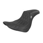 The Saddlemen Pro Series SDC Performance Gripper Seat for 2018-Up Harley-Davidson Softail features a black design with diamond-patterned stitching, a raised backrest, and “Saddlemen” branding on the side. This seat offers a performance gripper surface for enhanced comfort and control.