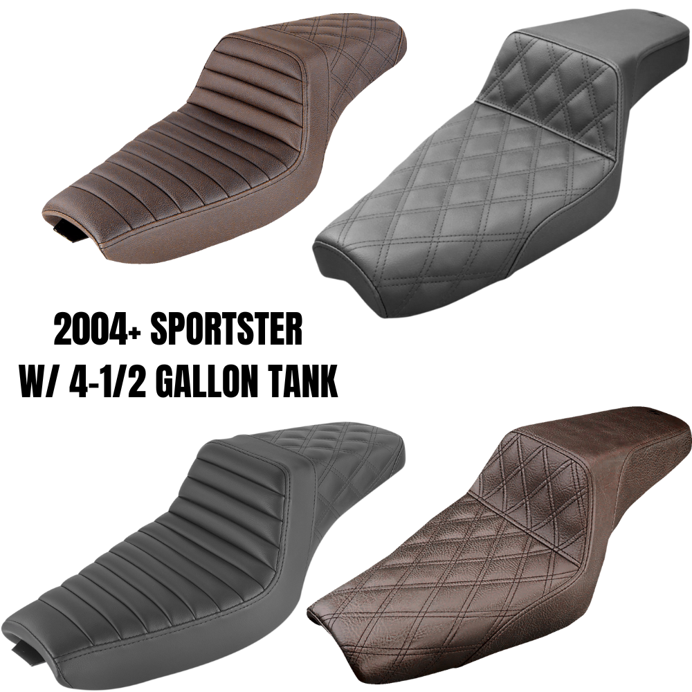Saddlemen Step-Up Seats for 2004-2020 Harley-Davidson Sportster with 4.5-gallon tank come in brown or black, each with unique stitching and custom styles from Saddlemen.