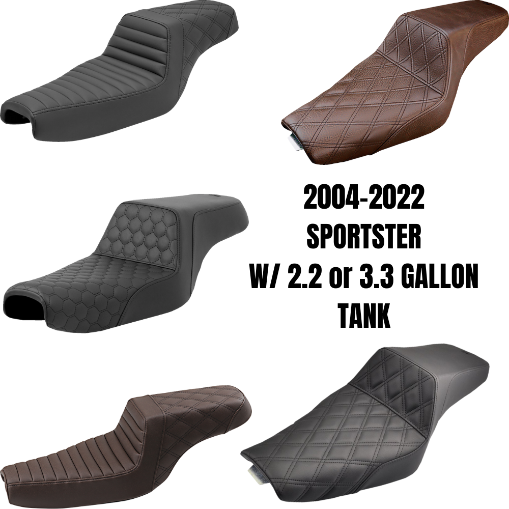 The Saddlemen Step-Up Seat for 2004-2022 Harley-Davidson Sportster (2.2/3.3 gal tank) features diamond-patterned black stitching, a raised rider section, and lower passenger area for enhanced lumbar support.