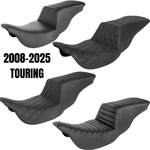 Four black motorcycle seats with varied textures and designs are displayed. One of the featured options is the Saddlemen Tour Step-Up Seat for 2008-2025 Harley-Davidson Touring models, designed by Saddlemen and acclaimed for long-distance comfort. The text “2008-2025 Touring” notes compatibility with Harley-Davidson Touring motorcycles from those years, with advanced features like a Gel-Core seat to enhance rider support.