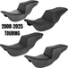 Four black motorcycle seats with varied textures and designs are displayed. One of the featured options is the Saddlemen Tour Step-Up Seat for 2008-2025 Harley-Davidson Touring models, designed by Saddlemen and acclaimed for long-distance comfort. The text “2008-2025 Touring” notes compatibility with Harley-Davidson Touring motorcycles from those years, with advanced features like a Gel-Core seat to enhance rider support.