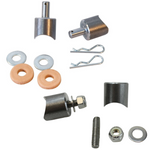 The TC Bros. Weld-On Solo Seat Spring Mounts by TC Bros. include two metal pins, two washers, two rubber washers, and two R-clips—perfect for solo seat installations—shown on a white background.