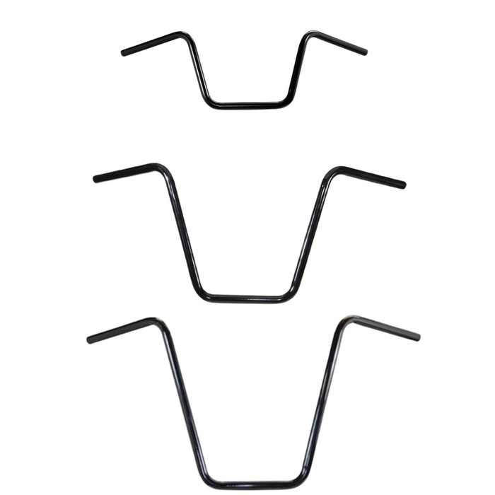 Three TC Bros. 7/8" Ape Hanger Handlebars by TC Bros., made of black metal, are displayed on a white background.