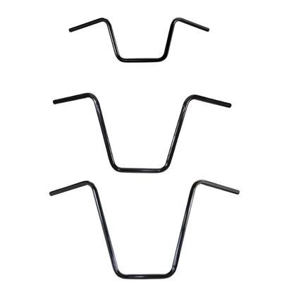 Three TC Bros. 7/8" Ape Hanger Handlebars by TC Bros., made of black metal, are displayed on a white background.