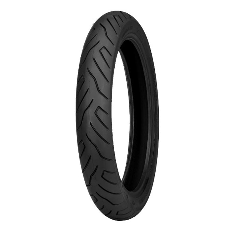 A white background showcases the Shinko 999 Long Haul Front Tire 100/90-19 by Shinko, known for its exceptional tread life and performance. This tire offers superior traction and tire wear, making it an ideal choice for.