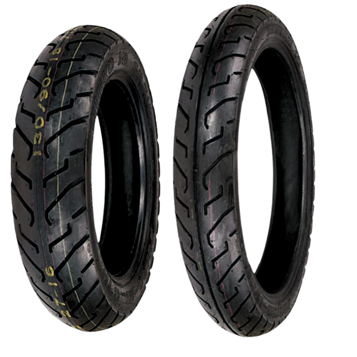 The Shinko 712 Tire by Shinko stands upright against a white background, showcasing its tread pattern designed for excellent wet weather traction.