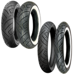 The Shinko SR 777 Tire, a 100/90-19 front tire by Shinko, showcases a classic tread and bold whitewall stripe, standing upright against a white background.