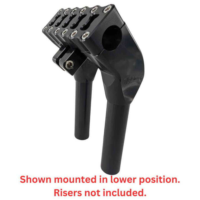 Two black TC Bros. Gauge Relocation Bracket for TC Bros. Pro Series 1" Modular Risers with tightening screws on a white background.