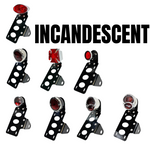 Eight TC Bros. Side Mount Incandescent Tail Light and License Plate Brackets are displayed near the bold "INCANDESCENT" text on a white background, ideal for custom motorcycle or license plate bracket setups.