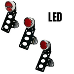 Three TC Bros. Side Mount LED Tail Light and License Plate Bracket units are shown, each featuring a round red LED light—perfect for custom motorcycles. "LED" stands out boldly, emphasizing the TC Bros. quality and design.