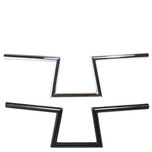 Two TC Bros. 1" Slant Z Handlebars—one chrome, one black—are shown parallel on a white background. Ideal for custom Harley or chopper upgrades, these quality bars are crafted by TC Bros.