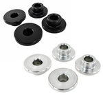 Four round metal TC Bros. Solid Billet Handlebar Riser Bushings isolated on a white background.