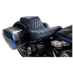 The Le Pera Kickflip Seat - Diamond - Black - FXLR, FXLRS, FXLRST, FLSB '18-'24 from the brand Le Pera features a sleek and stylish design. Crafted from black leather, this seat adds a touch of elegance to any motorcycle. Its diamond pattern adds a unique and luxurious element to the overall look.