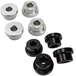 Four silver and four black TC Bros. Solid Billet Riser Bushings for Harley-Davidson, made from billet aluminum with central holes, are shown on a white background—perfect for enhancing your bike’s stability and style.