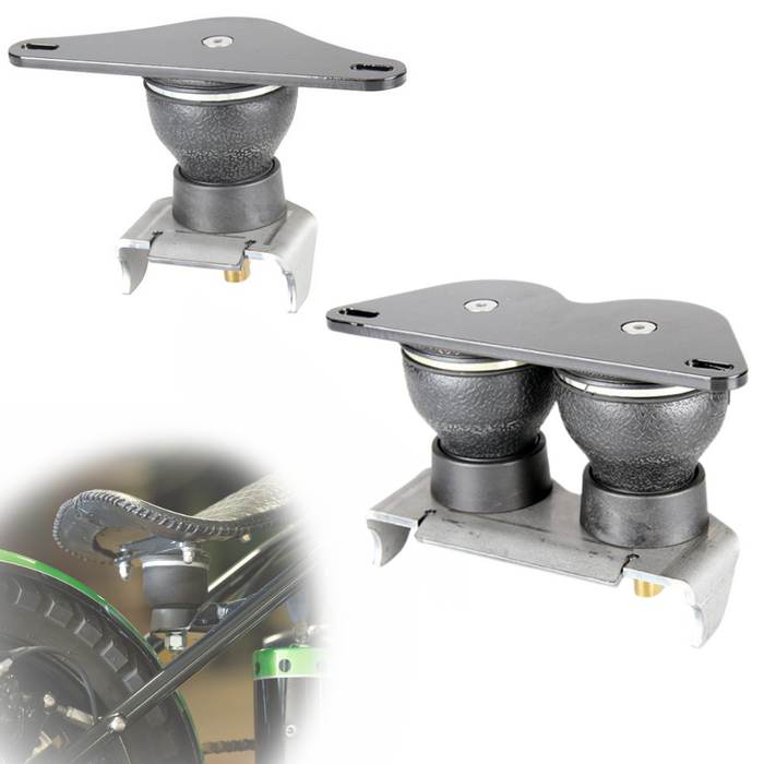 The TC Bros. Air Ride Solo Seat Kit features a black mounting plate, rubber airbag, and metal base with valve—ideal for chopper seat builds needing enhanced vibration dampening.