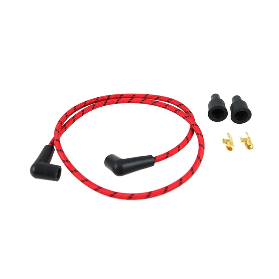 A set of Wyatt Gatling Cloth Braided Spark Plug Wire Kit 7mm - Red w/Black Tracer.