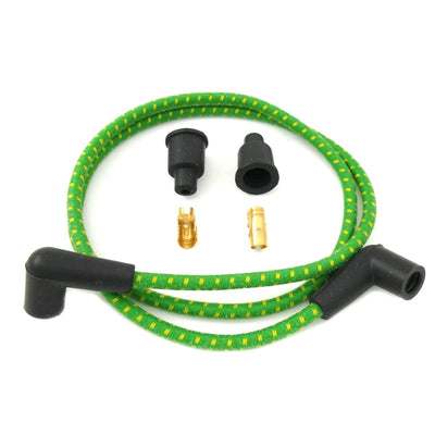 A Wyatt Gatling Cloth Braded Spark Plug Wire Kit 7mm - Green w/Yellow Tracer featuring a chopper style design with braided cloth covering.