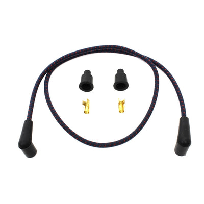 A set of Wyatt Gatling Cloth Braded Spark Plug Wire Kit 7mm - Navy Blue w/Red Tracer for a car that enhance performance.