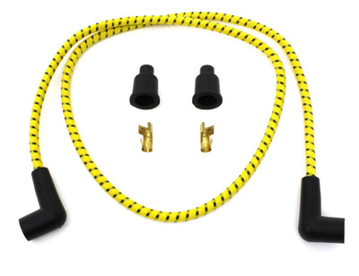 A Wyatt Gatling Cloth Braided Spark Plug Wire Kit 7mm - Yellow w/Blue Tracer with black handles, perfect for high-performance motor applications.