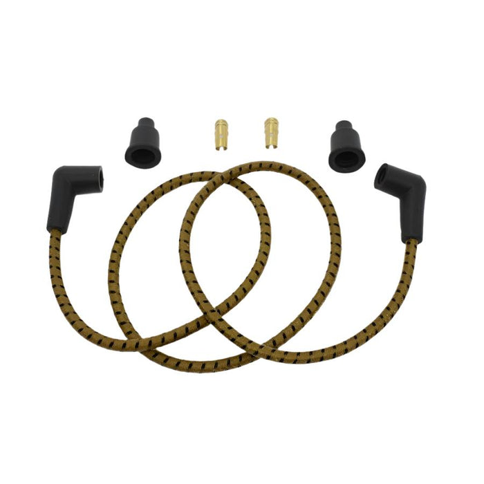 A set of Wyatt Gatling Cloth Braided Spark Plug Wire Kit 7mm - Tan w/Black Tracer hoses in black and gold for a chopper motorcycle.