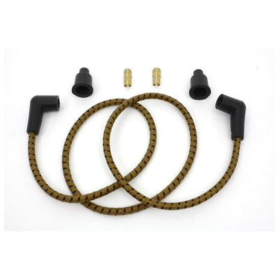 A set of Wyatt Gatling Cloth Braided Spark Plug Wire Kit 7mm - Tan w/Black Tracer hoses in black and gold for a chopper motorcycle.
