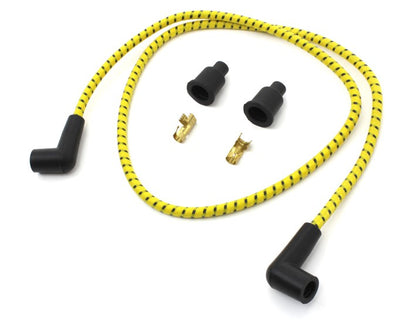 A Wyatt Gatling Cloth Braided Spark Plug Wire Kit 7mm - Yellow w/Blue Tracer with black handles, perfect for high-performance motor applications.