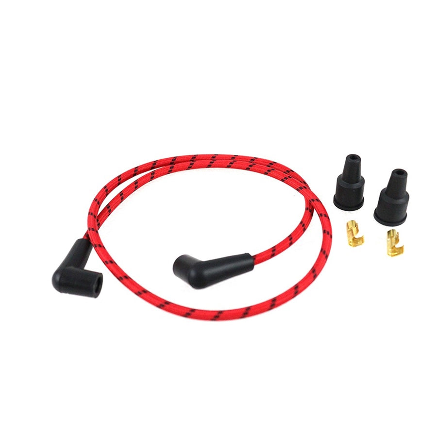 A set of Wyatt Gatling Cloth Braided Spark Plug Wire Kit 7mm - Red w/Black Tracer.
