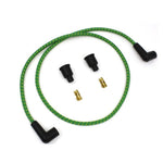 A Wyatt Gatling Cloth Braded Spark Plug Wire Kit 7mm - Green w/Yellow Tracer featuring a chopper style design with braided cloth covering.