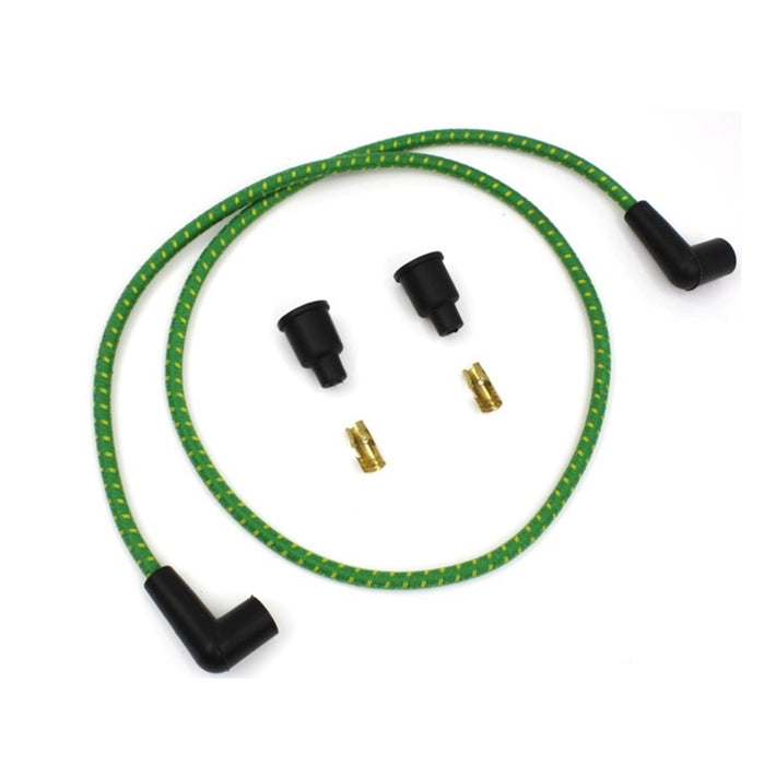 A Wyatt Gatling Cloth Braded Spark Plug Wire Kit 7mm - Green w/Yellow Tracer featuring a chopper style design with braided cloth covering.