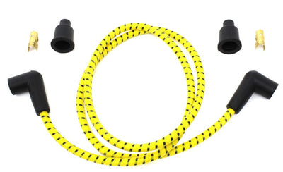 A set of Wyatt Gatling Cloth Braded Spark Plug Wire Kit 7mm - Yellow w/Blue Trace on a white background.
