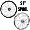The Moto Iron® 40 spoke 21 x 2.15 Chopper Spool Wheel in chrome features a CNC-machined billet aluminum hub and multiple metal spokes, shown from the side against a white background.