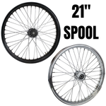 Two Moto Iron® 40 Spoke 21" x 2.15" Chopper Spool Wheels—one with a black rim, one with a chrome rim—are shown beside bold "21'' SPOOL" text.