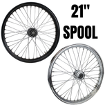 The Moto Iron® 40 spoke 21 x 2.15 Chopper Spool Wheel in chrome features a CNC-machined billet aluminum hub and multiple metal spokes, shown from the side against a white background.