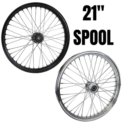 The Moto Iron® 40 spoke 21 x 2.15 Chopper Spool Wheel in chrome features a CNC-machined billet aluminum hub and multiple metal spokes, shown from the side against a white background.