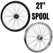 The Moto Iron® 40 spoke 21 x 2.15 Chopper Spool Wheel in chrome features a CNC-machined billet aluminum hub and multiple metal spokes, shown from the side against a white background.