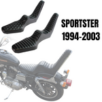 Shown are two black TC Bros. King & Queen Hardtail Seats for Harley-Davidson Sportster 1994-2003, ideal for pairing with a TC Bros. sissy bar, and designed specifically to fit your Sportster model.
