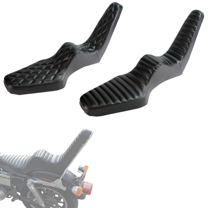 Shown are two black TC Bros. King & Queen Hardtail Seats for Harley-Davidson Sportster 1994-2003, ideal for pairing with a TC Bros. sissy bar, and designed specifically to fit your Sportster model.