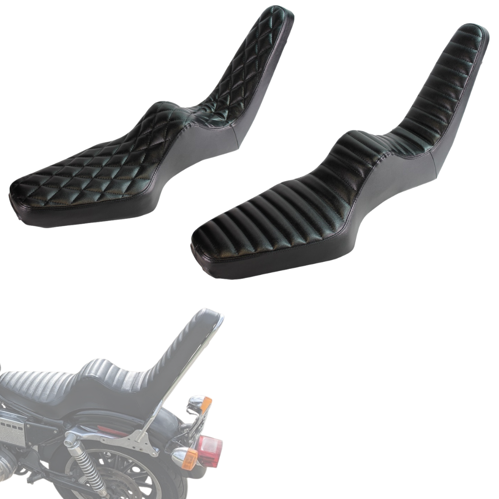 Shown are two black TC Bros. King & Queen Hardtail Seats for Harley-Davidson Sportster 1994-2003, ideal for pairing with a TC Bros. sissy bar, and designed specifically to fit your Sportster model.