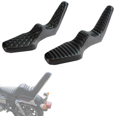 Shown are two black TC Bros. King & Queen Hardtail Seats for Harley-Davidson Sportster 1994-2003, ideal for pairing with a TC Bros. sissy bar, and designed specifically to fit your Sportster model.