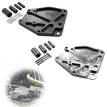 Two TC Bros. Billet Sprocket/Pulley Covers for Harley-Davidson Sportster 1986-2003, in black and silver finishes, are displayed with hardware; one image shows a cover installed on a Sportster engine.
